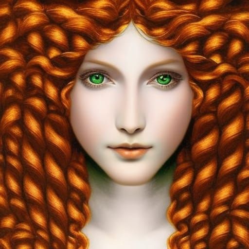 A Celtic woman, fill size portrait, red curly hair, green ey...
