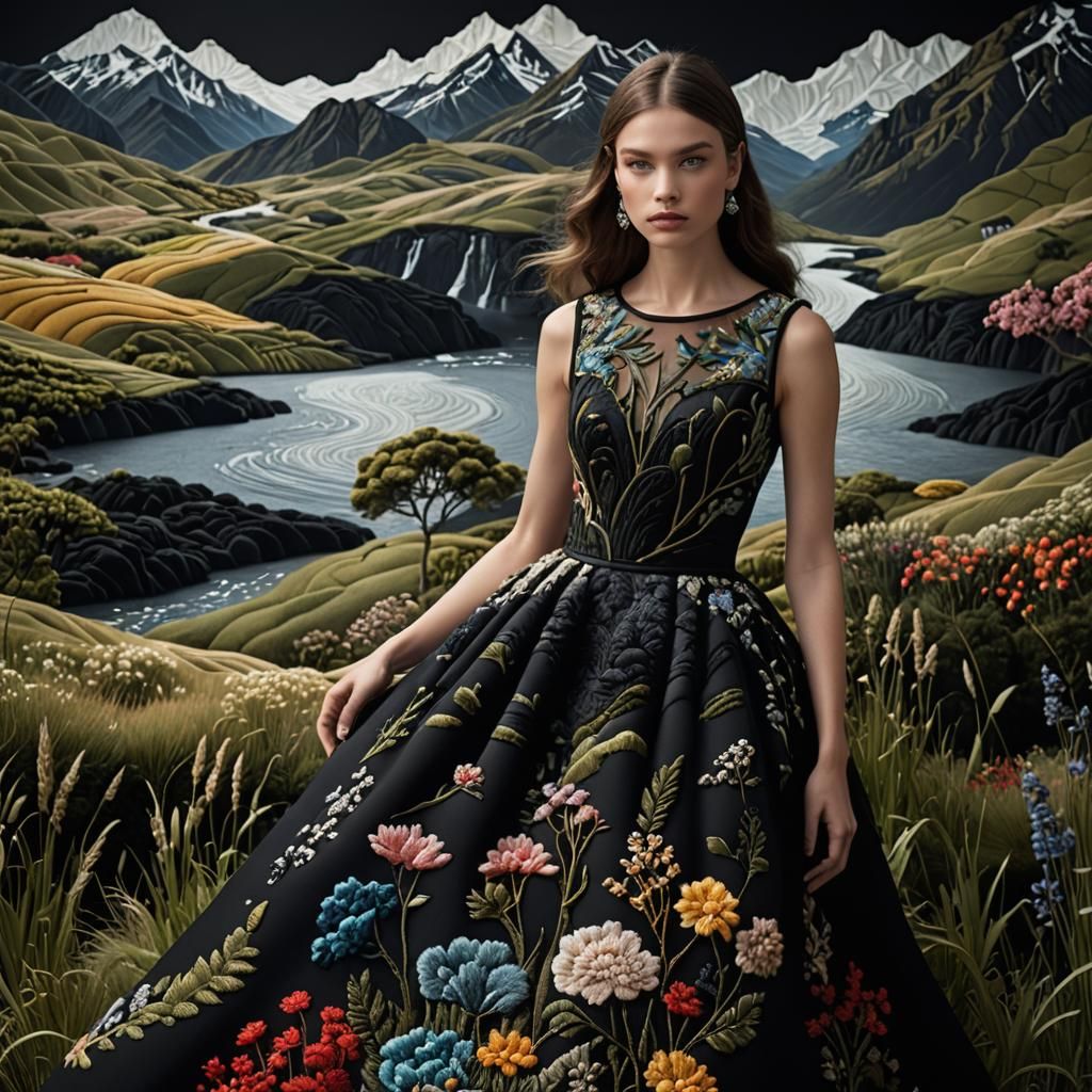 A stunning 3D embroidery of an landscape adorns a black haut...