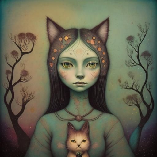 Dreamlike Woman-Cat in Art Brut Style