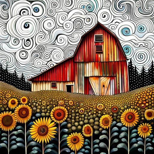 Fantasy Garden with Barn in Mixed Media Style