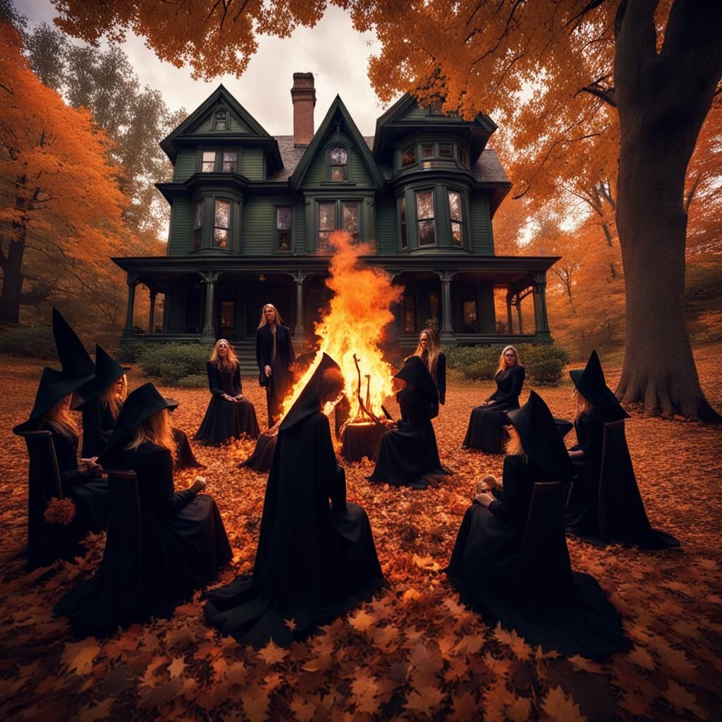 Witches' Coven Bonfire in Autumnal Victorian Setting