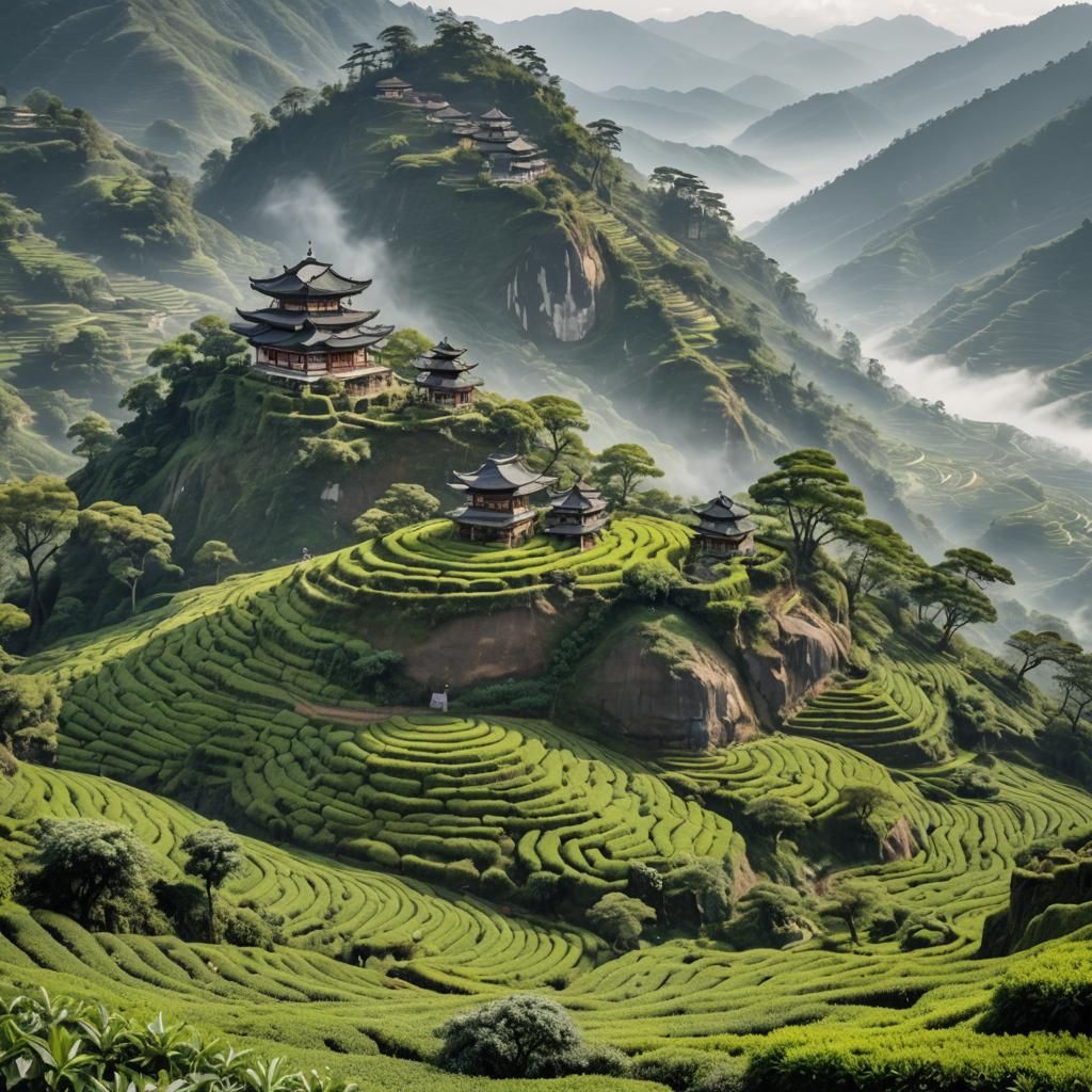 A tranquil tea garden on a mountainside, with terraced field...