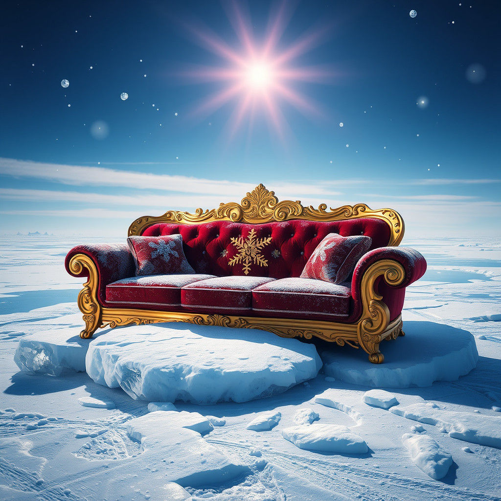 Crimson Sofa on Frozen Ice Floe in 8K