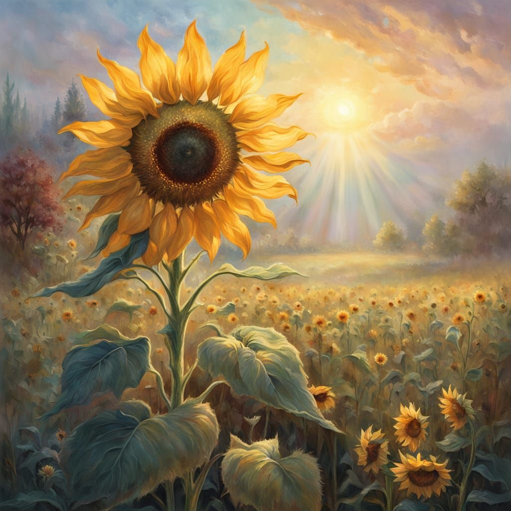 Enchanting Sunflower with Smiling Face in Ethereal Meadow