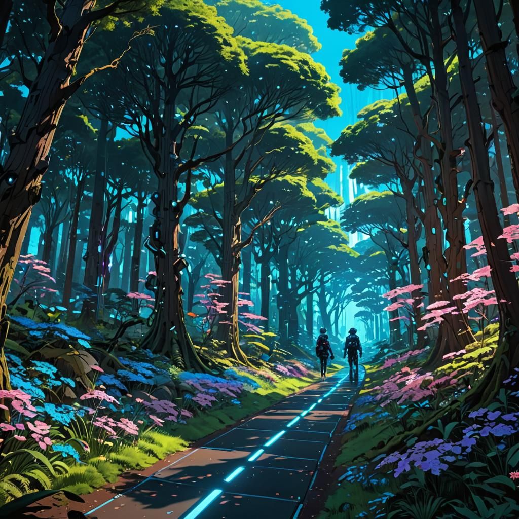Lush Bioluminescent Forest in Futuristic Anime Style