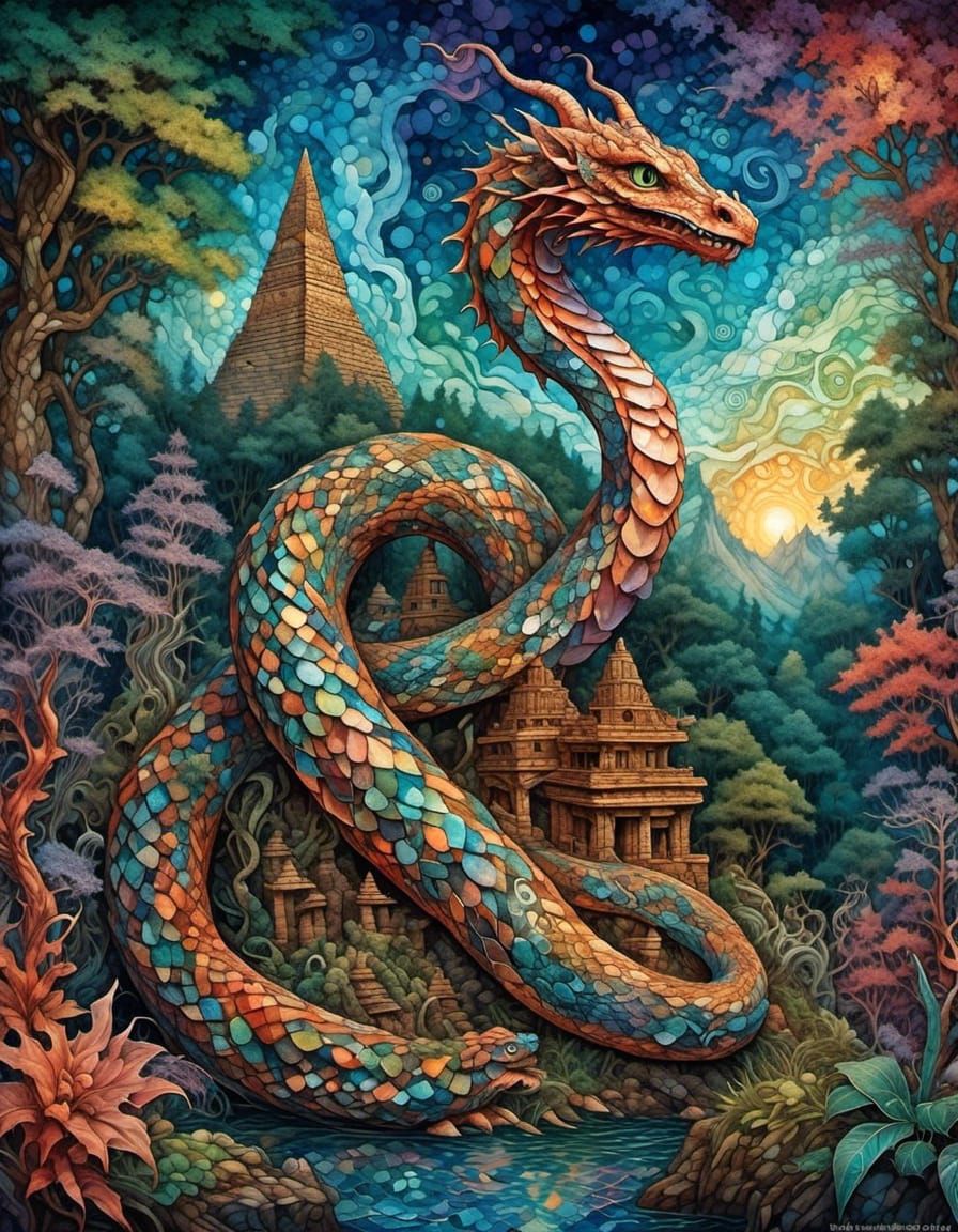 Jungle Dragon Guarding Aztec Pyramid in Alcohol Ink