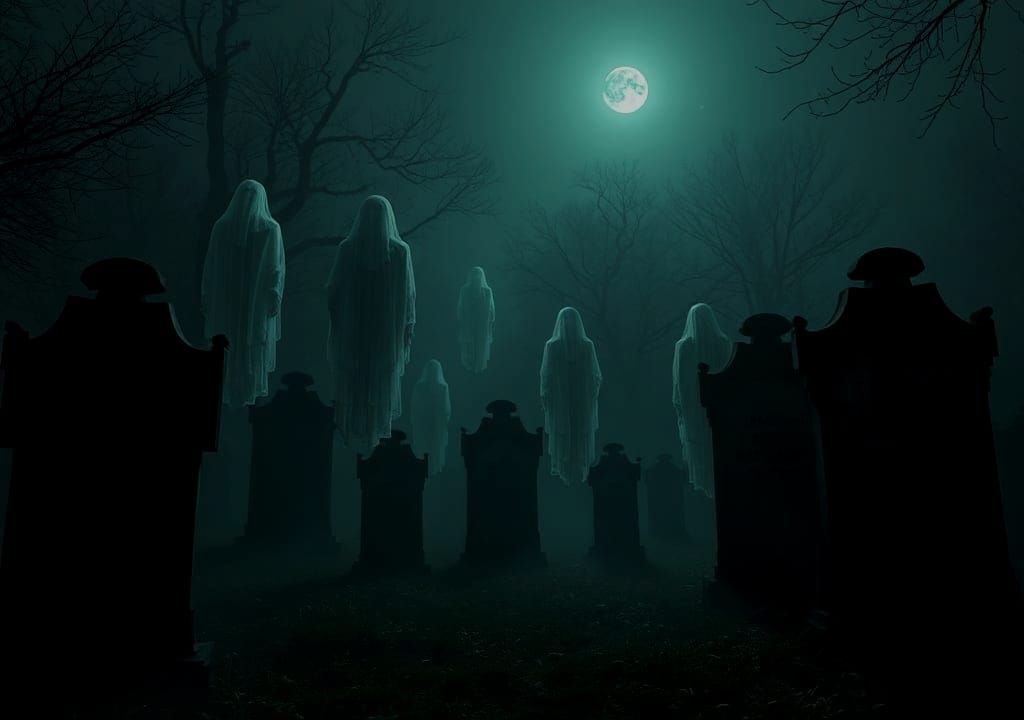 Photorealistic Ghosts in Graveyard at Night