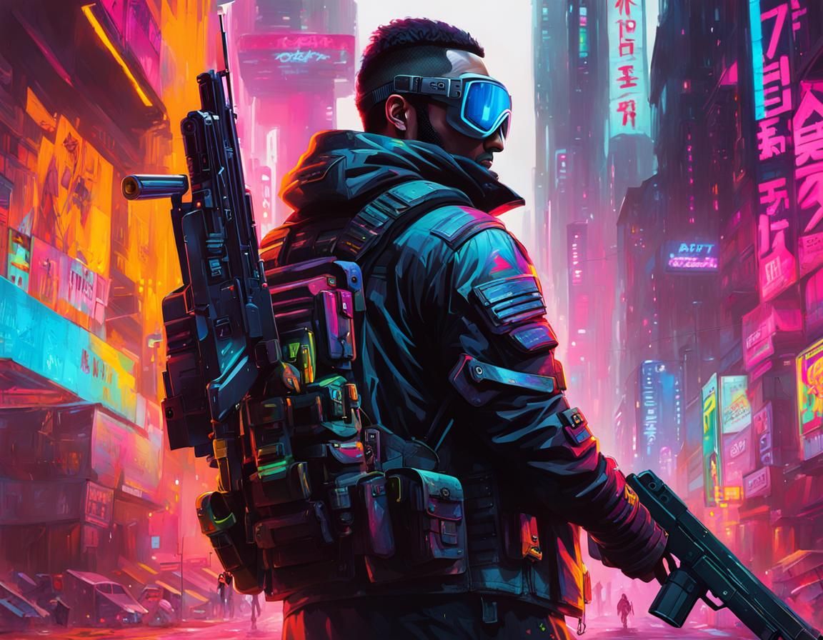 Cyberpunk Soldier in Neon Graffiti Style