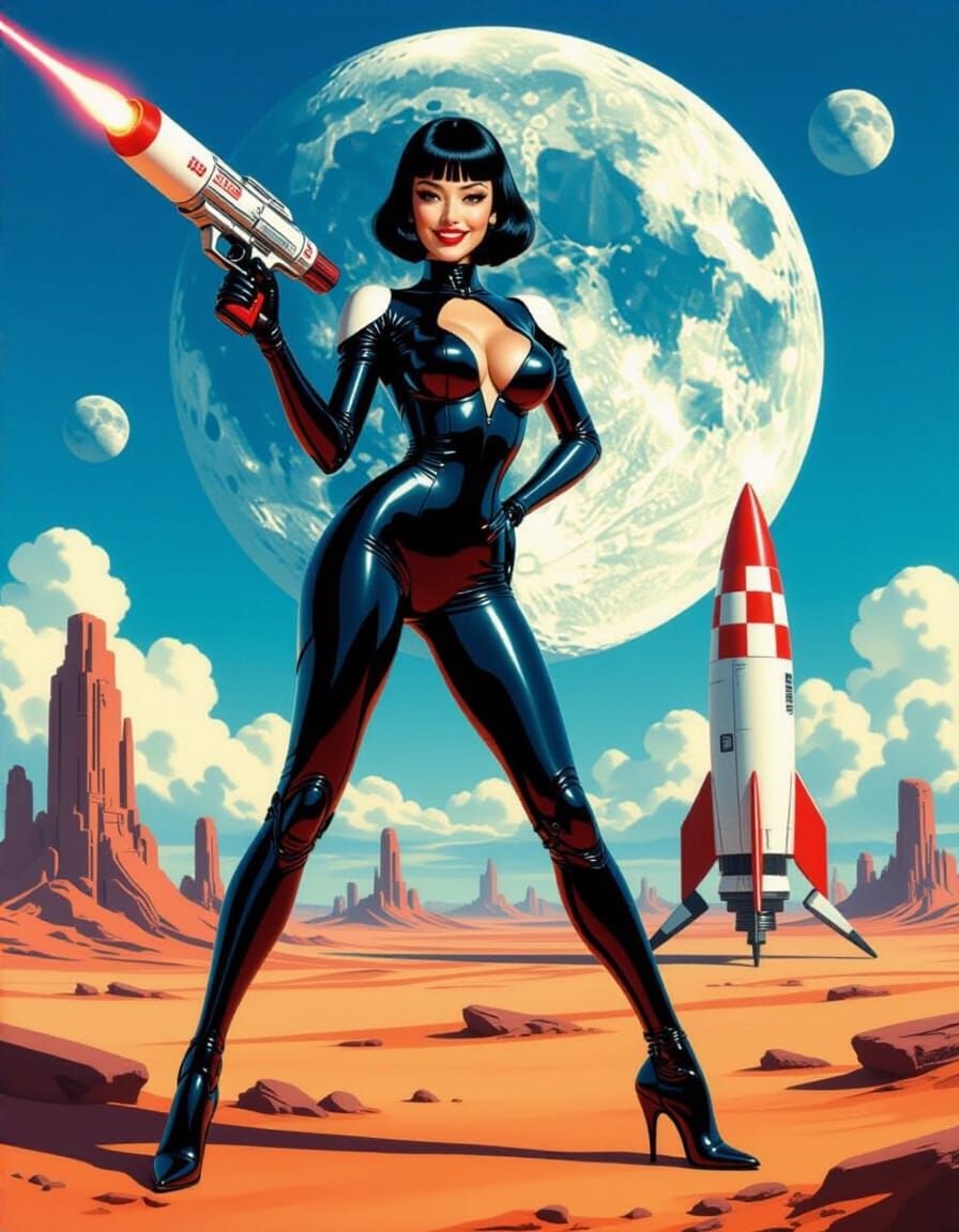 Robotic Pin-Up Model with Laser Gun on Alien Planet