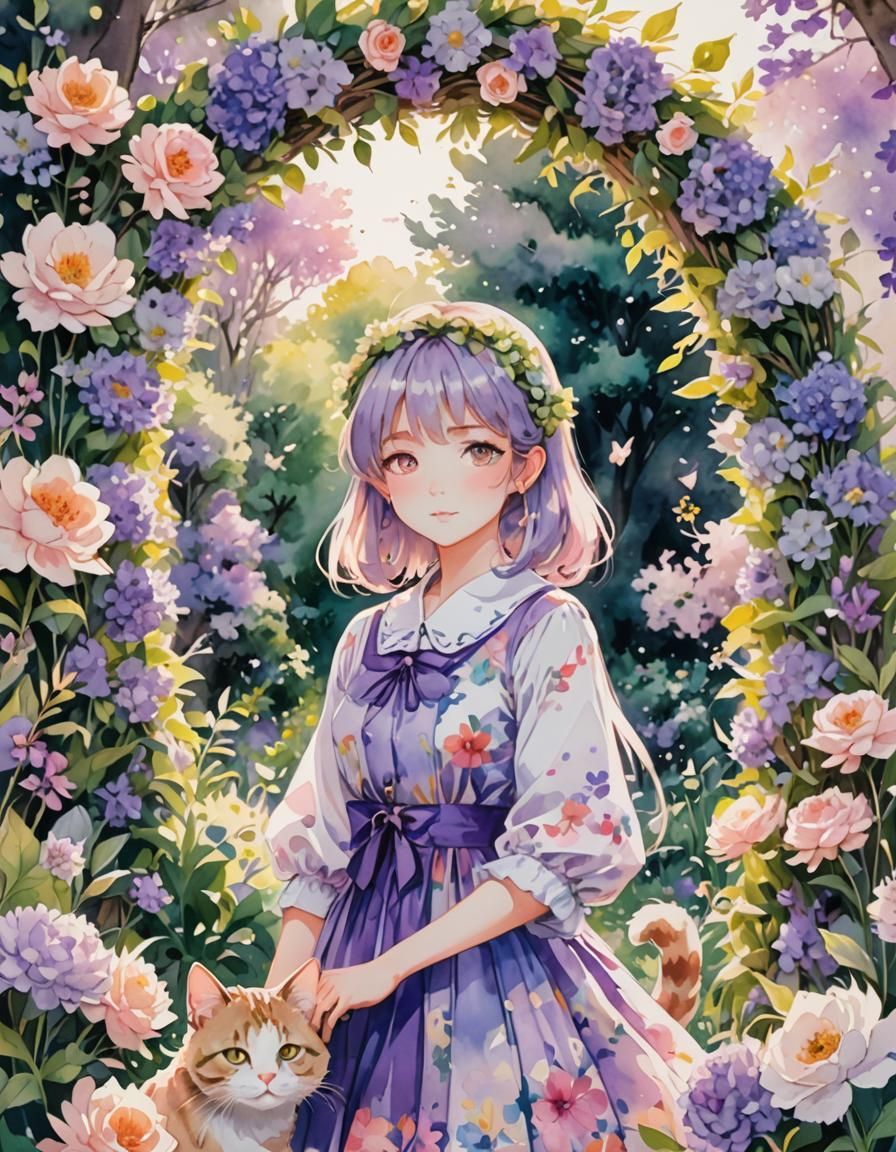 Girl and Cat Hide-and-Seek: Watercolor Anime Art