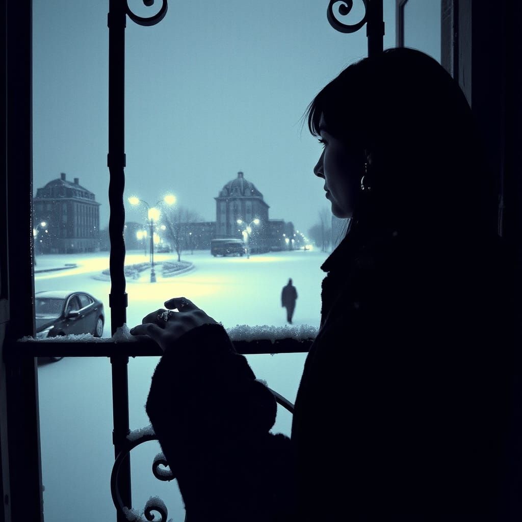 Impressionistic Winter Night: Woman at Window