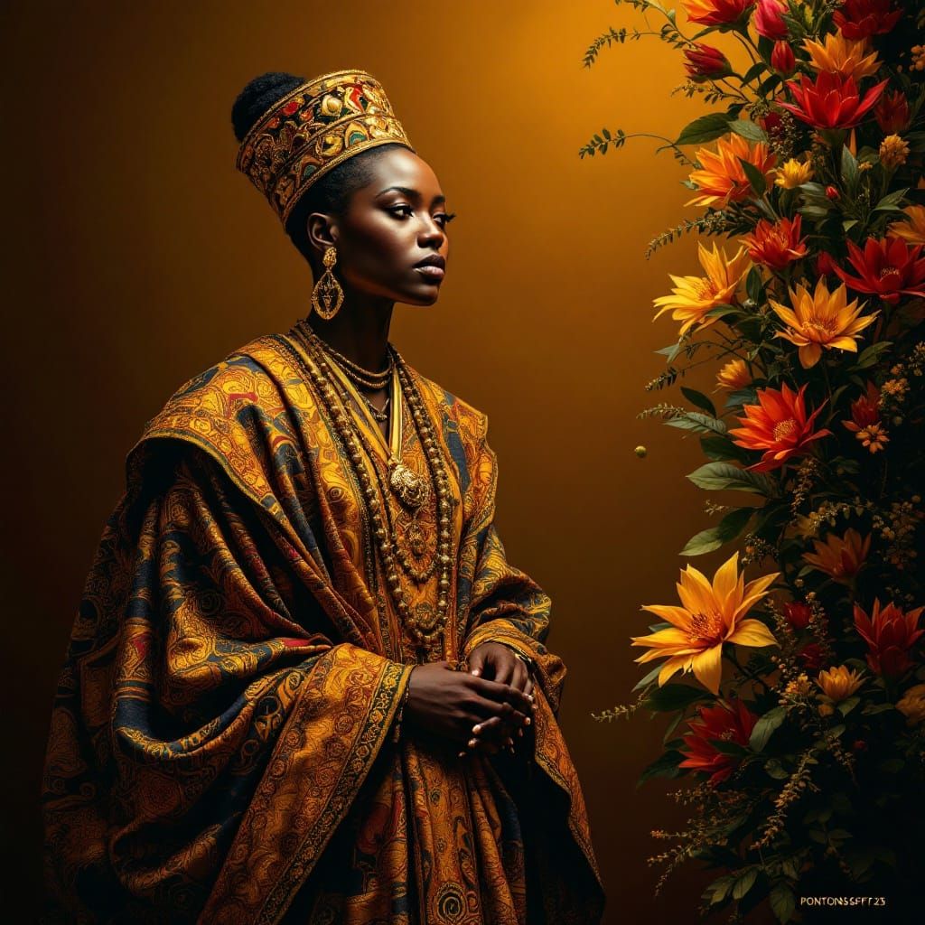 Regal Afrocentric Figure in Vibrant Attire, Golden Backgroun...