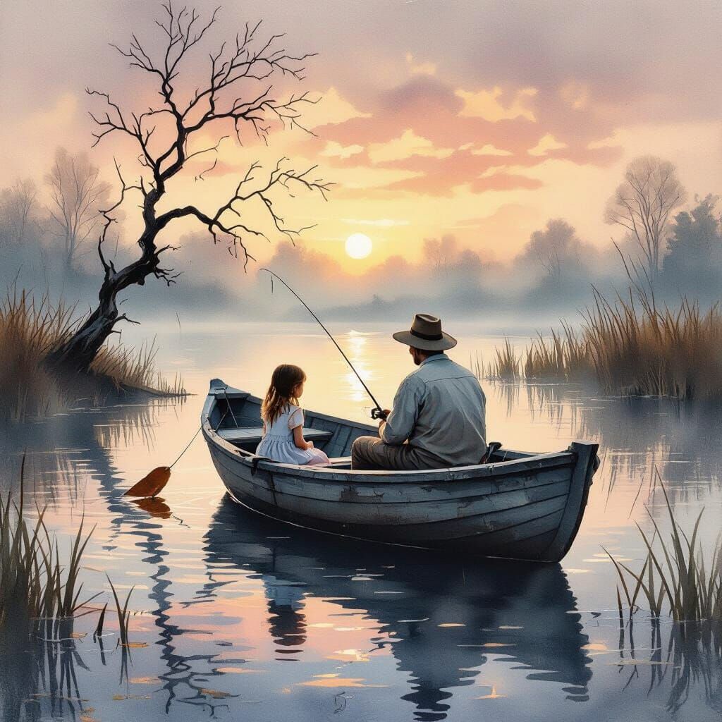 Melancholic Watercolor Impasto of Fishing at Sundown