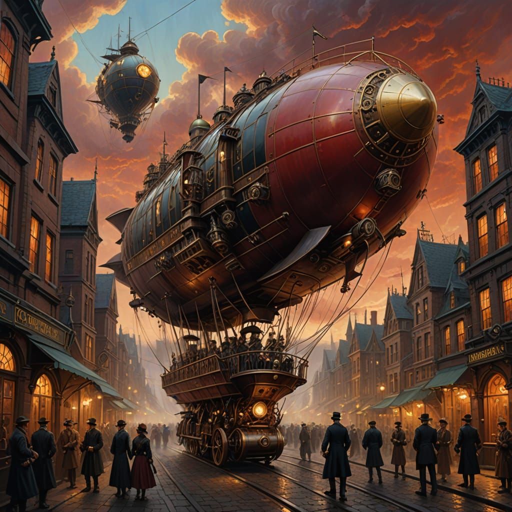 Steampunk Airship Soaring Above Victorian City as Oil Painti...