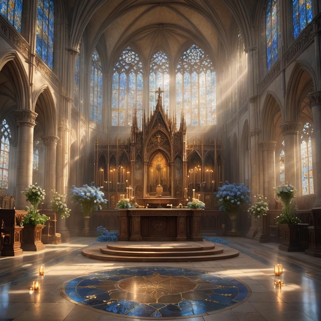 Ethereal Cathedral Interior with Majestic Stained Glass Alta...