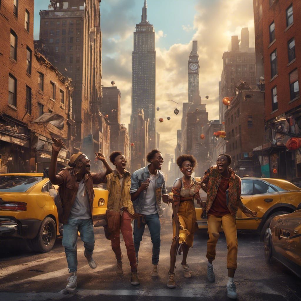 African Friends Laughing in New York: Detailed Matte Paintin...