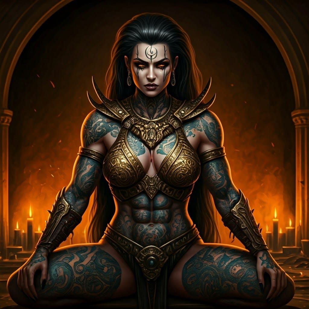 Warrior-Witch Casting Spells with Snake Tattoos