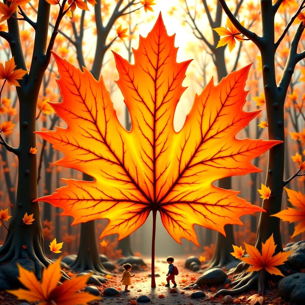 Miniature Autumn Village on Leaf, Fantasy Concept Art