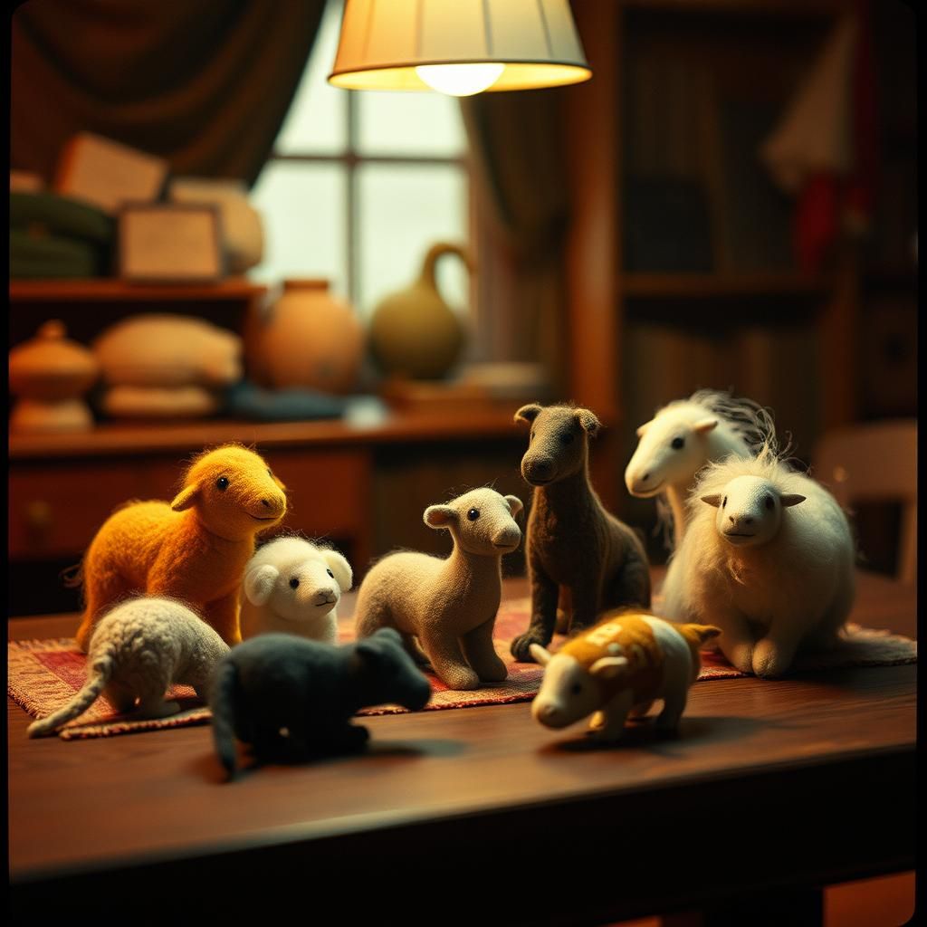 Felted Wool Animals on Table: Cinematic Still Life