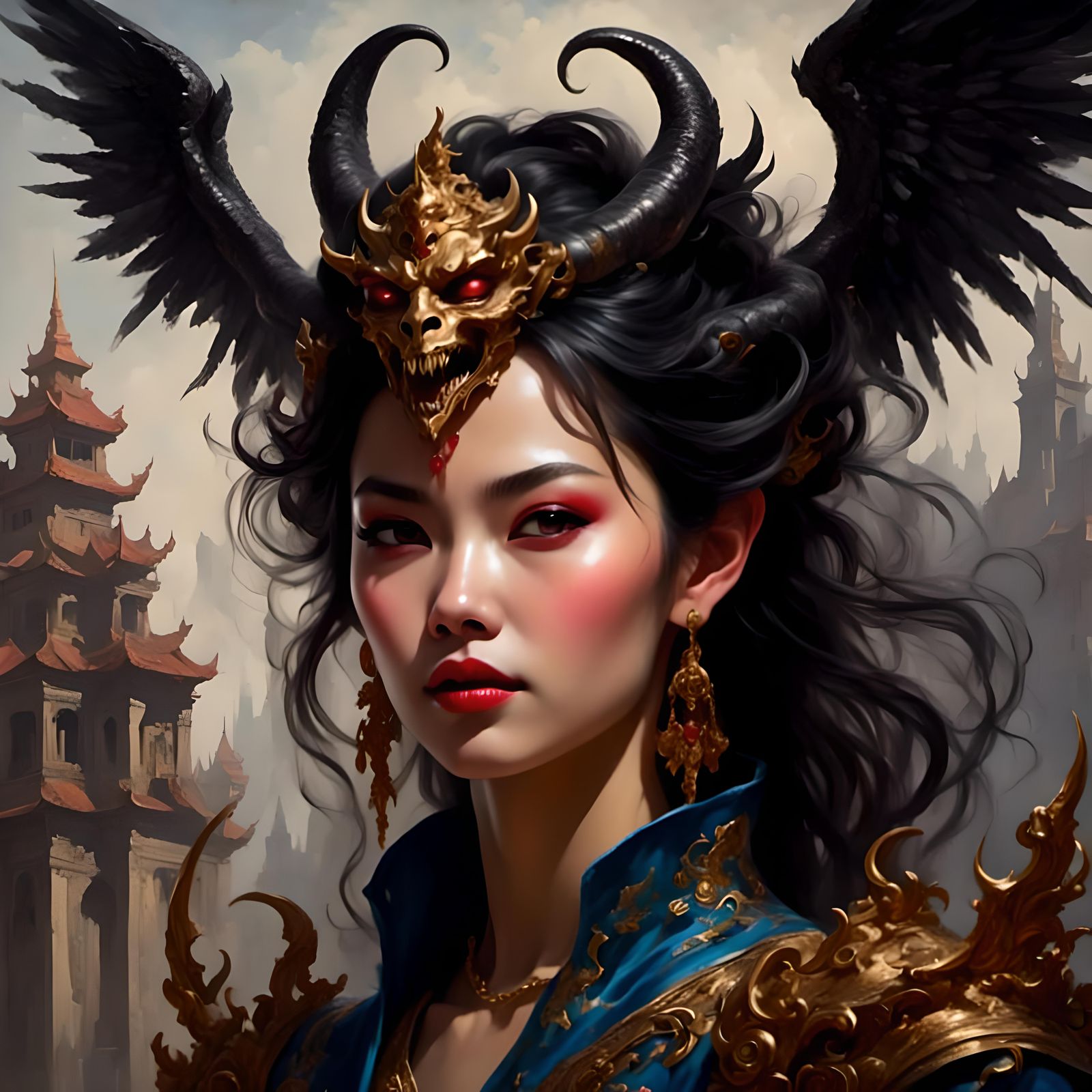 Asian Female Demon Portrait in Mythological Style