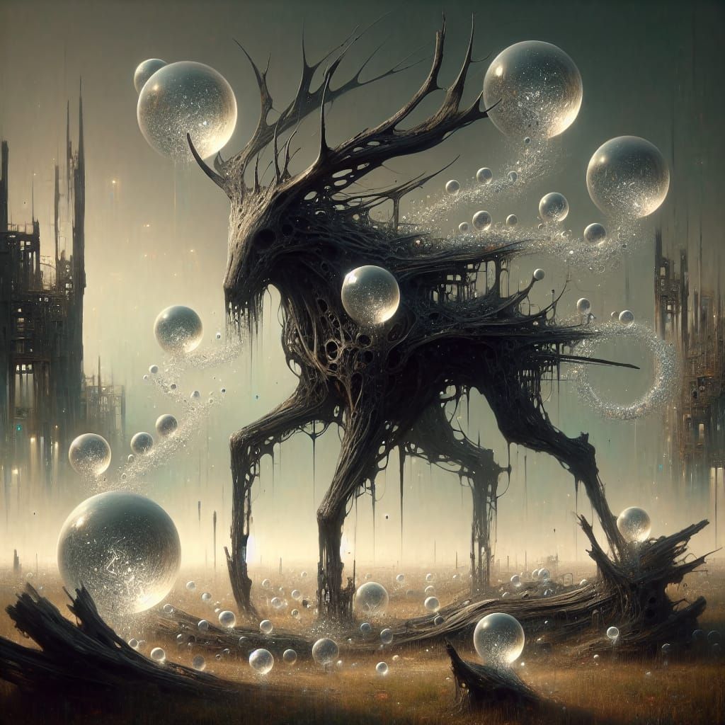 Surreal Creature Emerges from Dark Forest in Whimsical Meado...