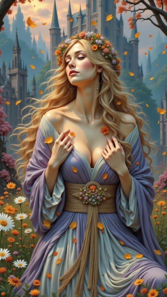 Goddess in Purple Amidst Autumn Leaves in Gothic City