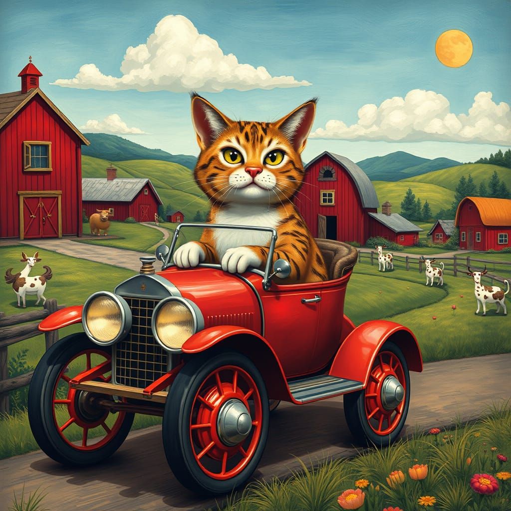 Cat Drives Vintage Car Through Whimsical Farm