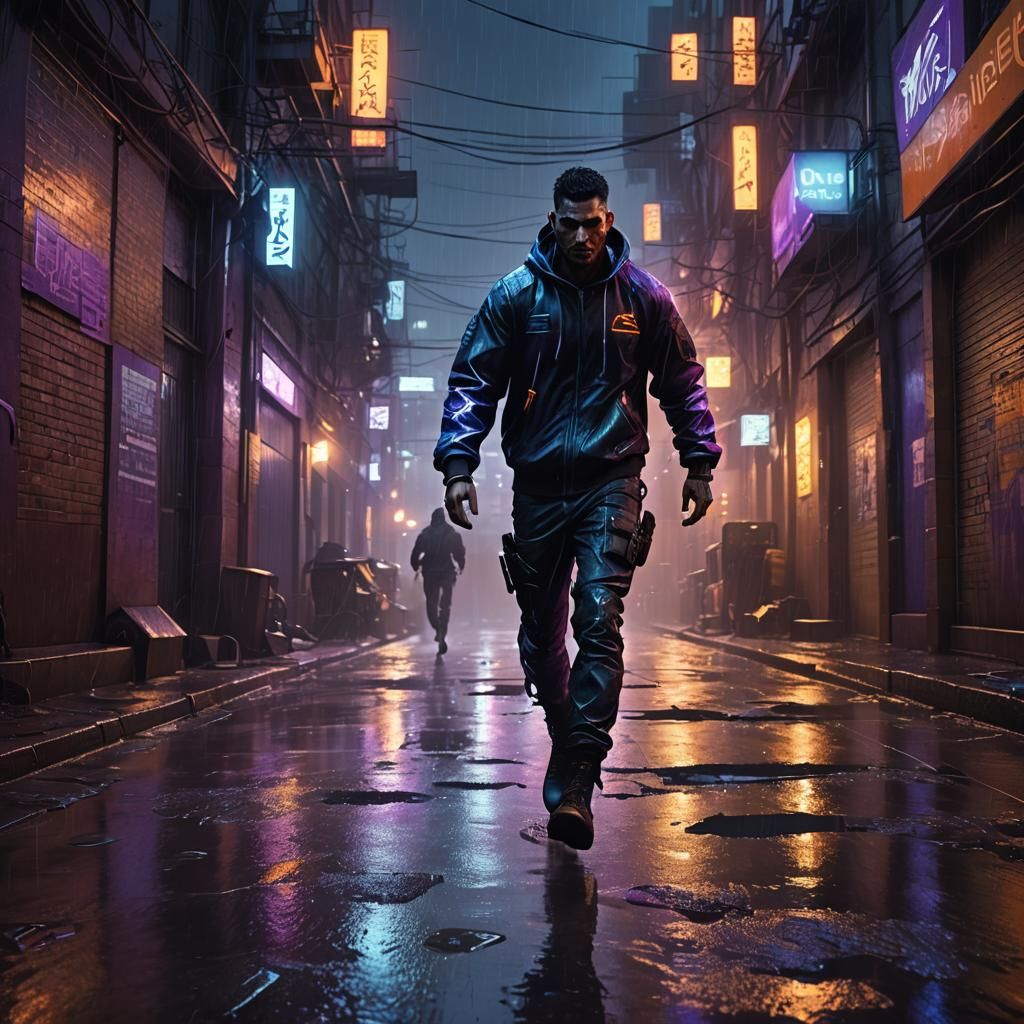 Man Escaping Storm in Cyberpunk Dystopian City