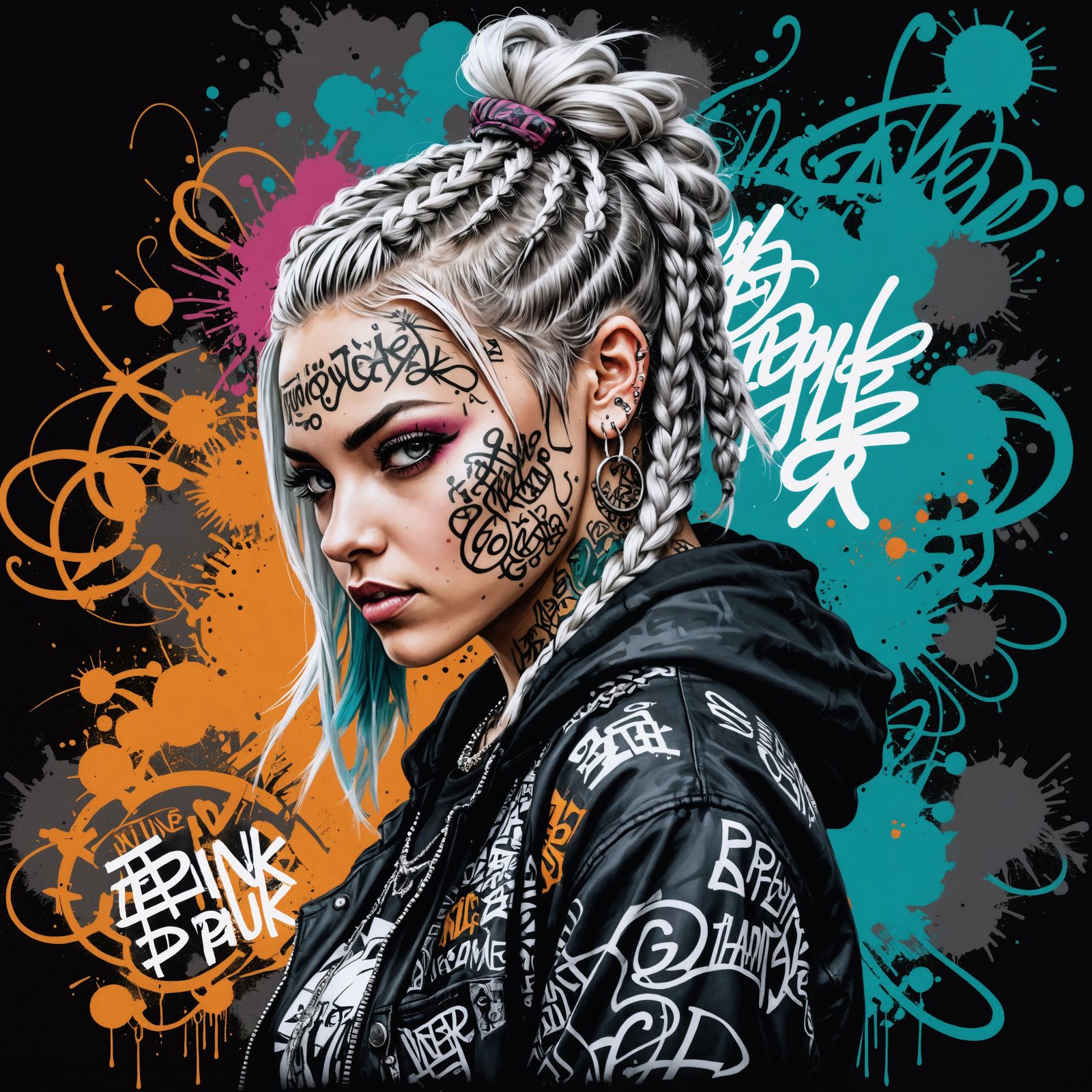 Graffiti Style Portrait of Punk with Braids