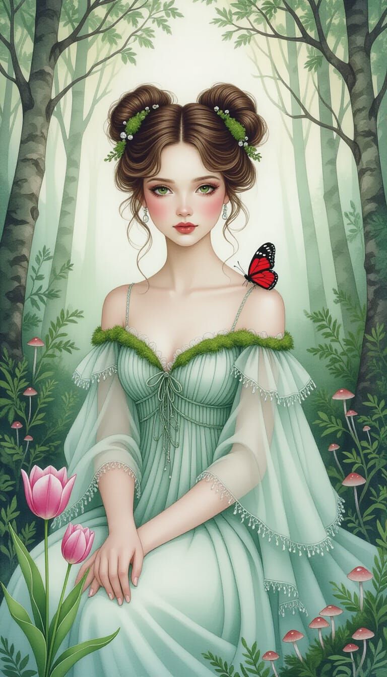 Ethereal Forest Dreamscape with Woman and Butterfly
