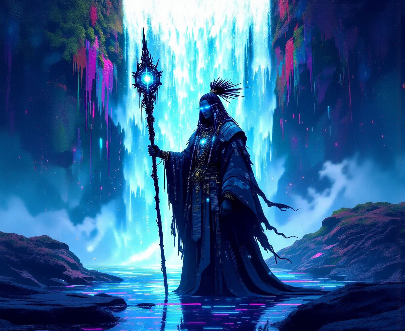 Digital Shaman & Binary Waterfall in Art Nouveau Style