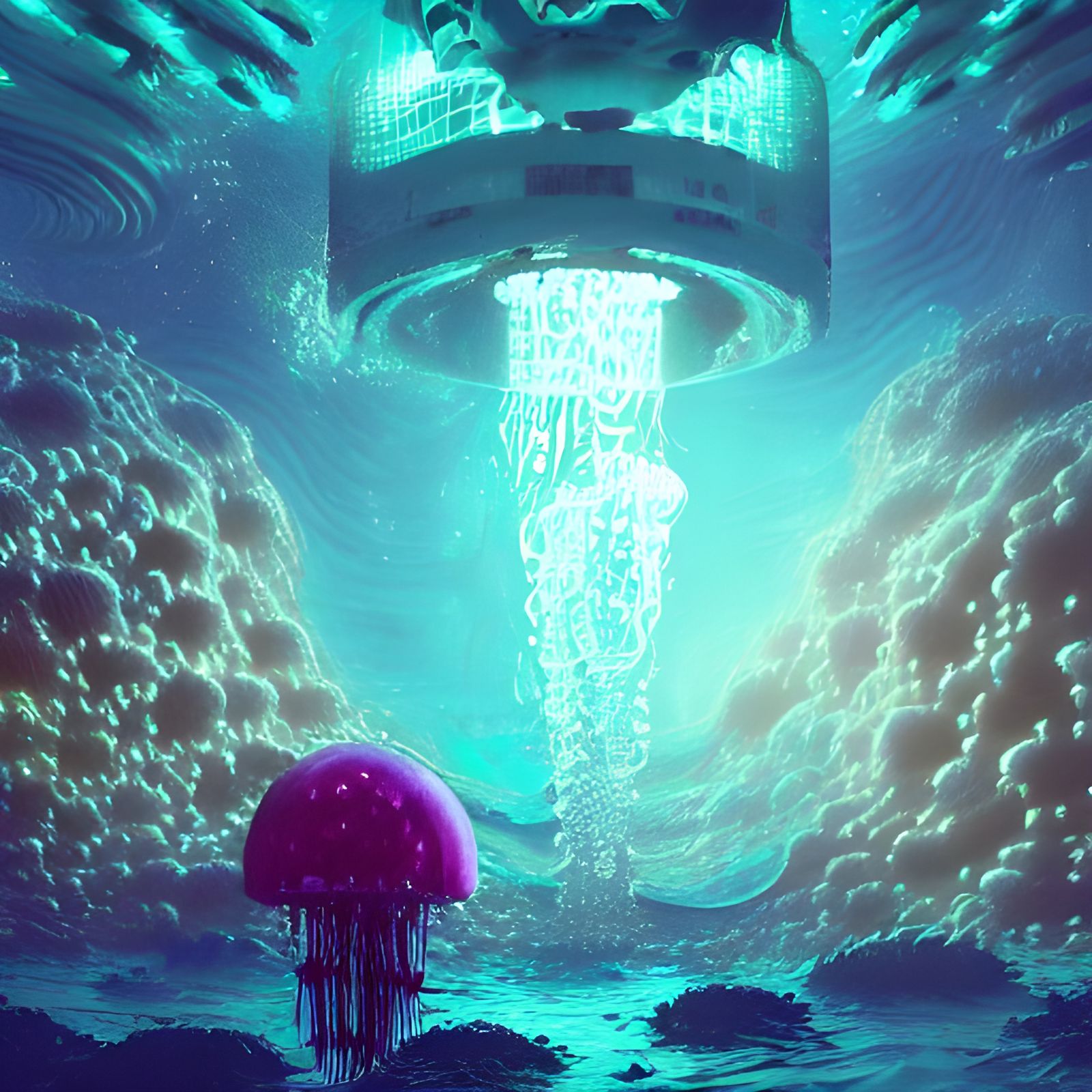 Bioluminescent Jellyfish in Dreamy Sci-Fi Underwater Scene
