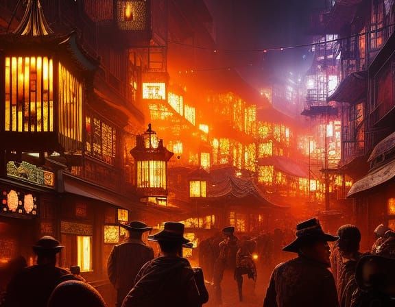 Crowded Opium Den in Chinatown: A Fantasycore Masterpiece