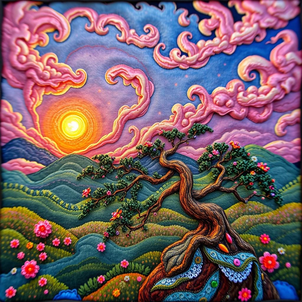 Holographic Clouds over Bonsai Garden in Dreamlike Style