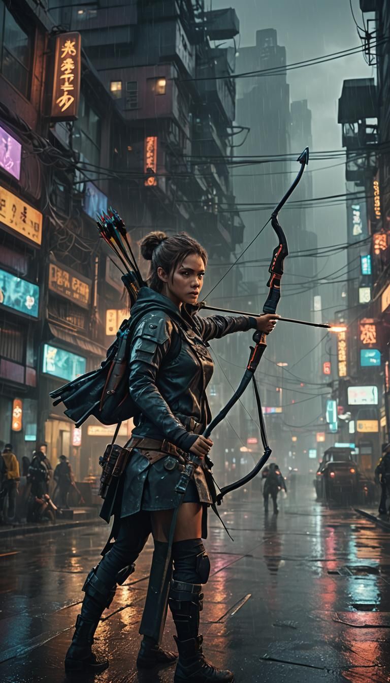 Cyberpunk Heroine with Bow in Rainy Cityscape