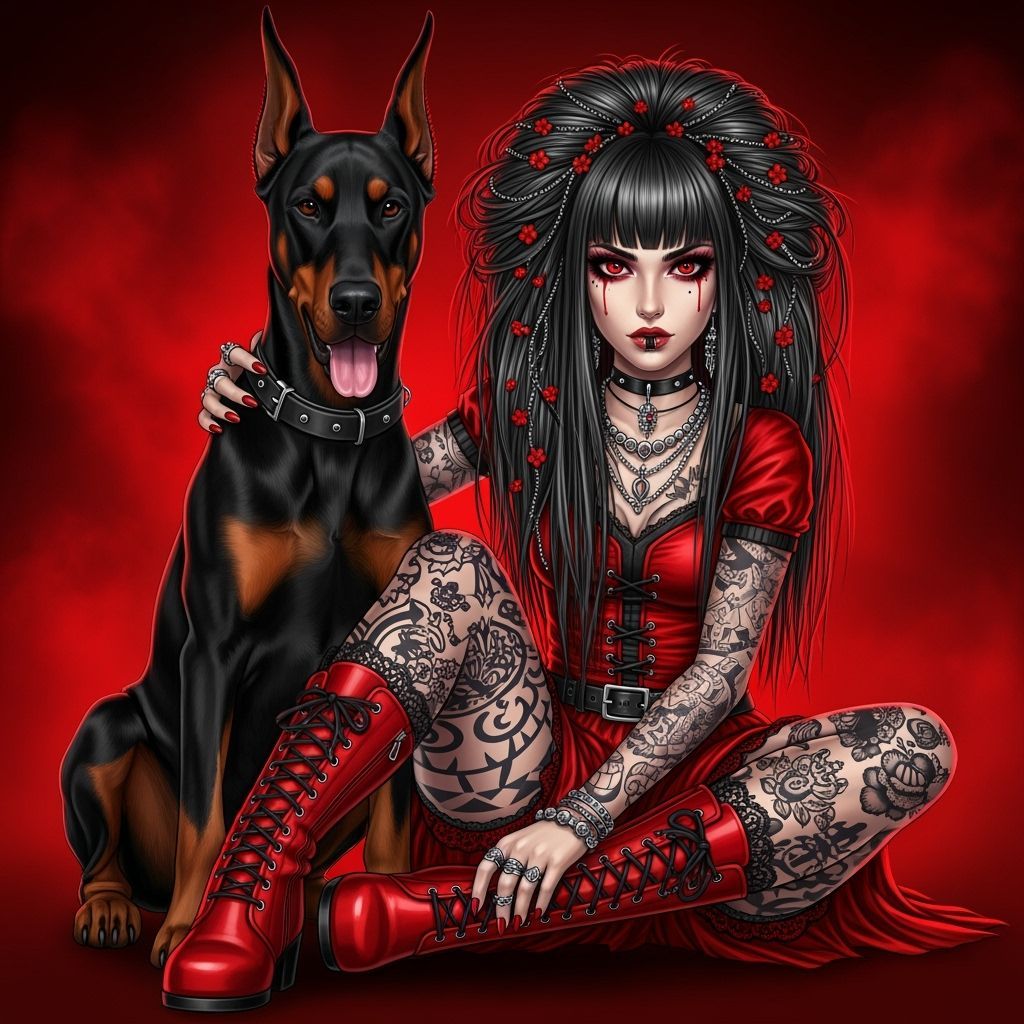 A fierce young woman with long disheveled glossy black hair ...