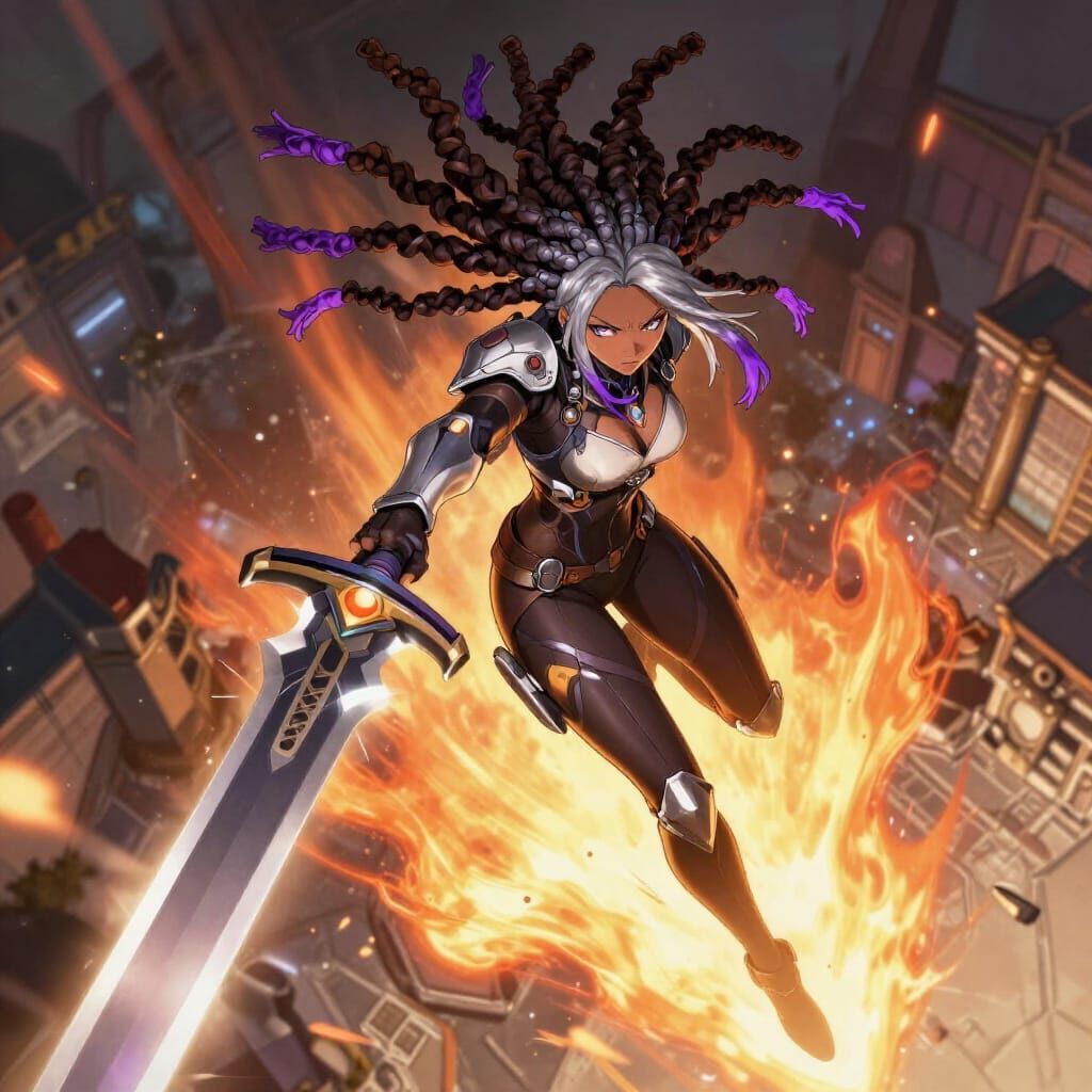 Manga Cyberpunk Soldier with Ethereal Dreadlocks in Battle