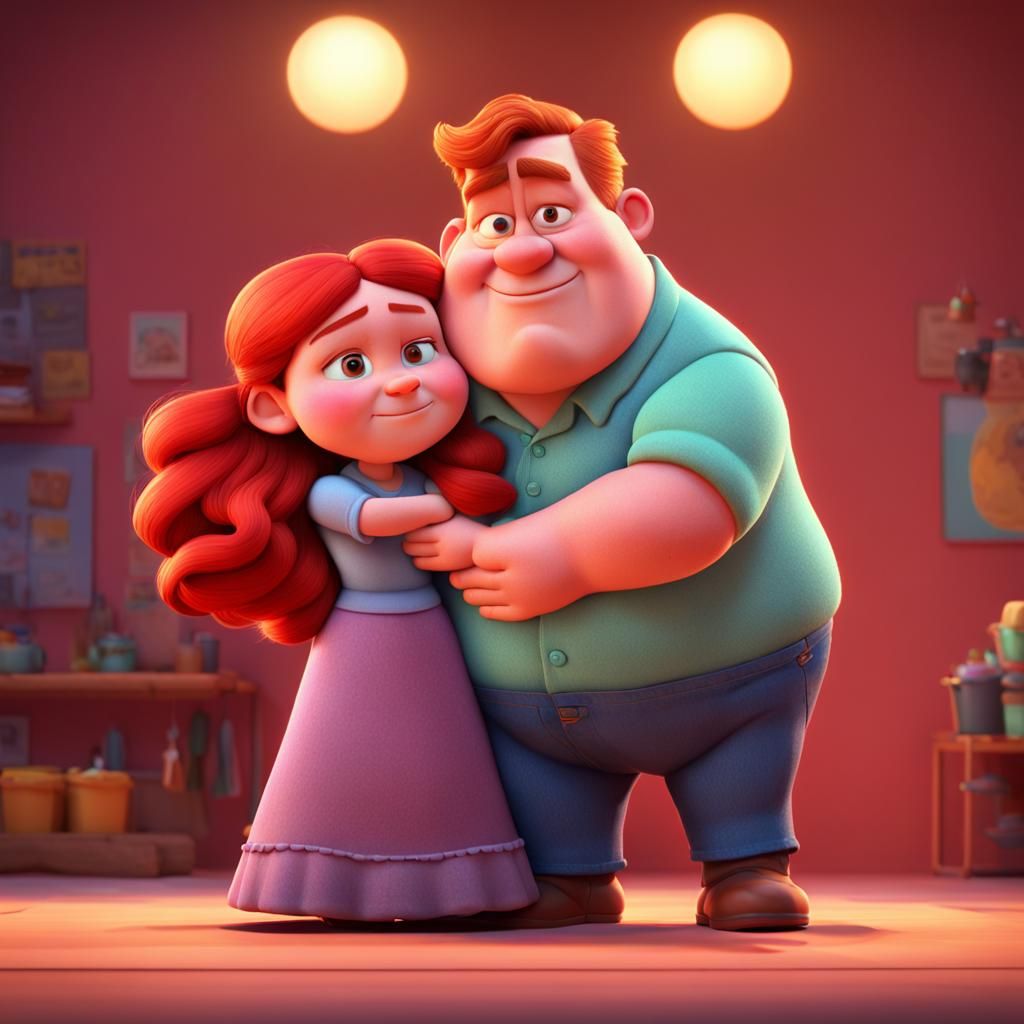 Chubby Man Comforts Wife: Pixar-Style 3D Art