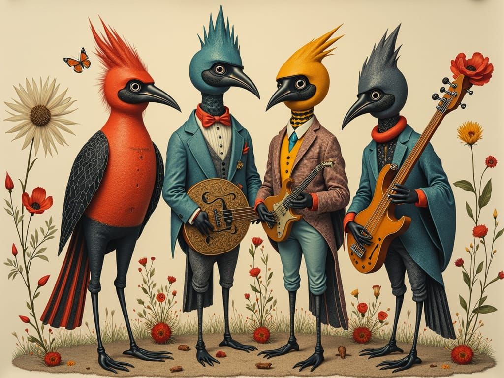 Dadaist Bird Jazz Quartet Collage Art