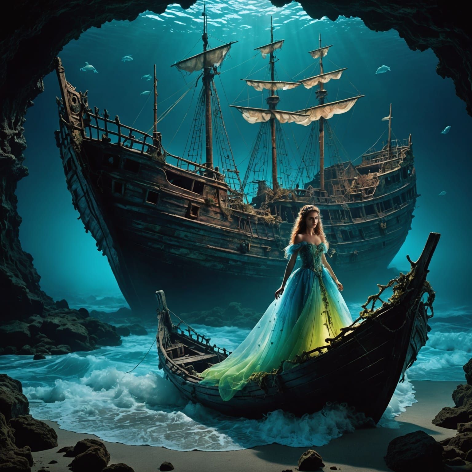 Mystical Shipwreck with Goblin Princess in Bioluminescent Oc...