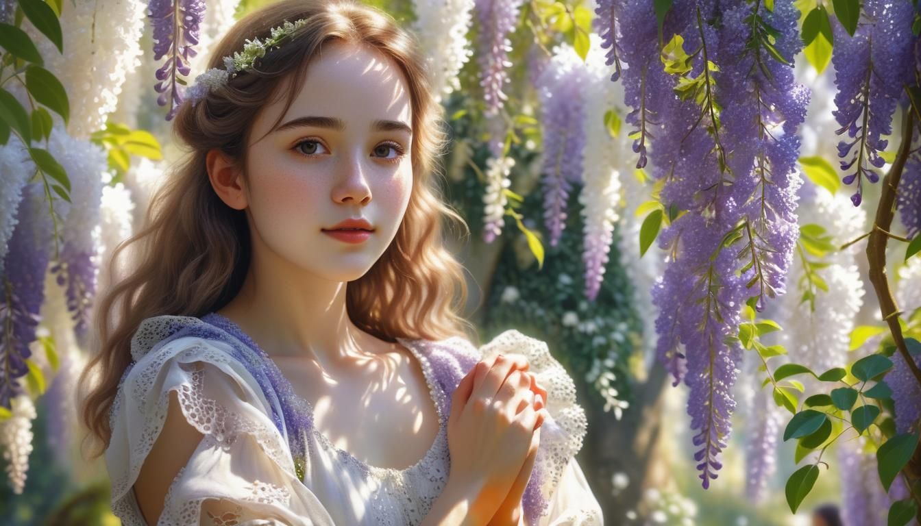 Girl in Wisteria Garden: Pointillism Art in 8K