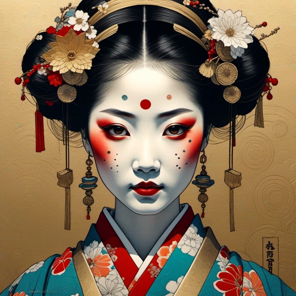 Vibrant, textured portrait of a beautiful Japanese Geisha, head close-up