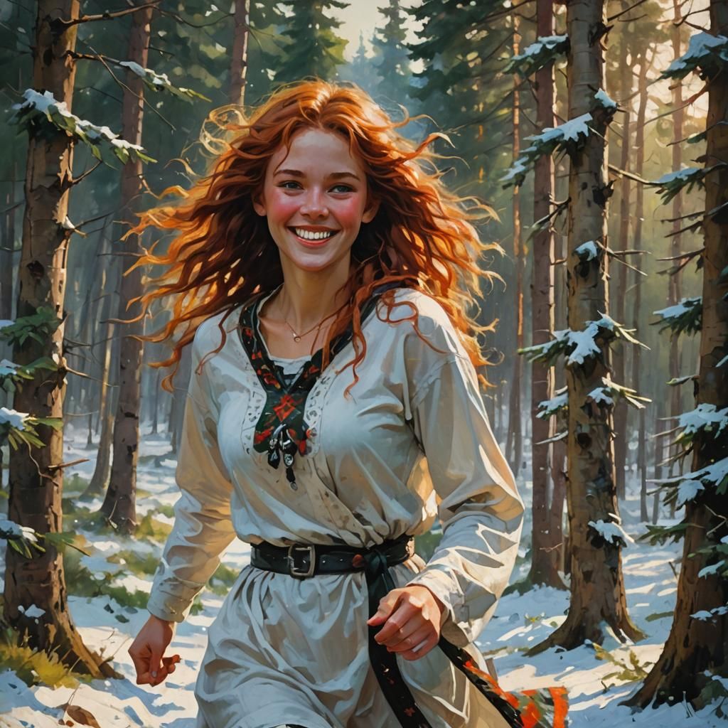 Vibrant Post-Impressionist Portrait of a Smiling Norse Girl