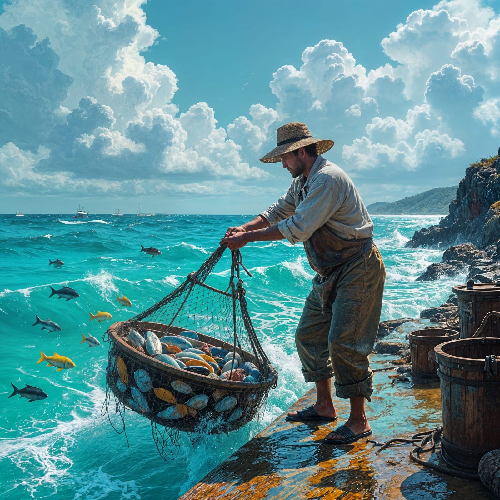 Fisherman Pulls Net from Vibrant Ocean: Digital Painting