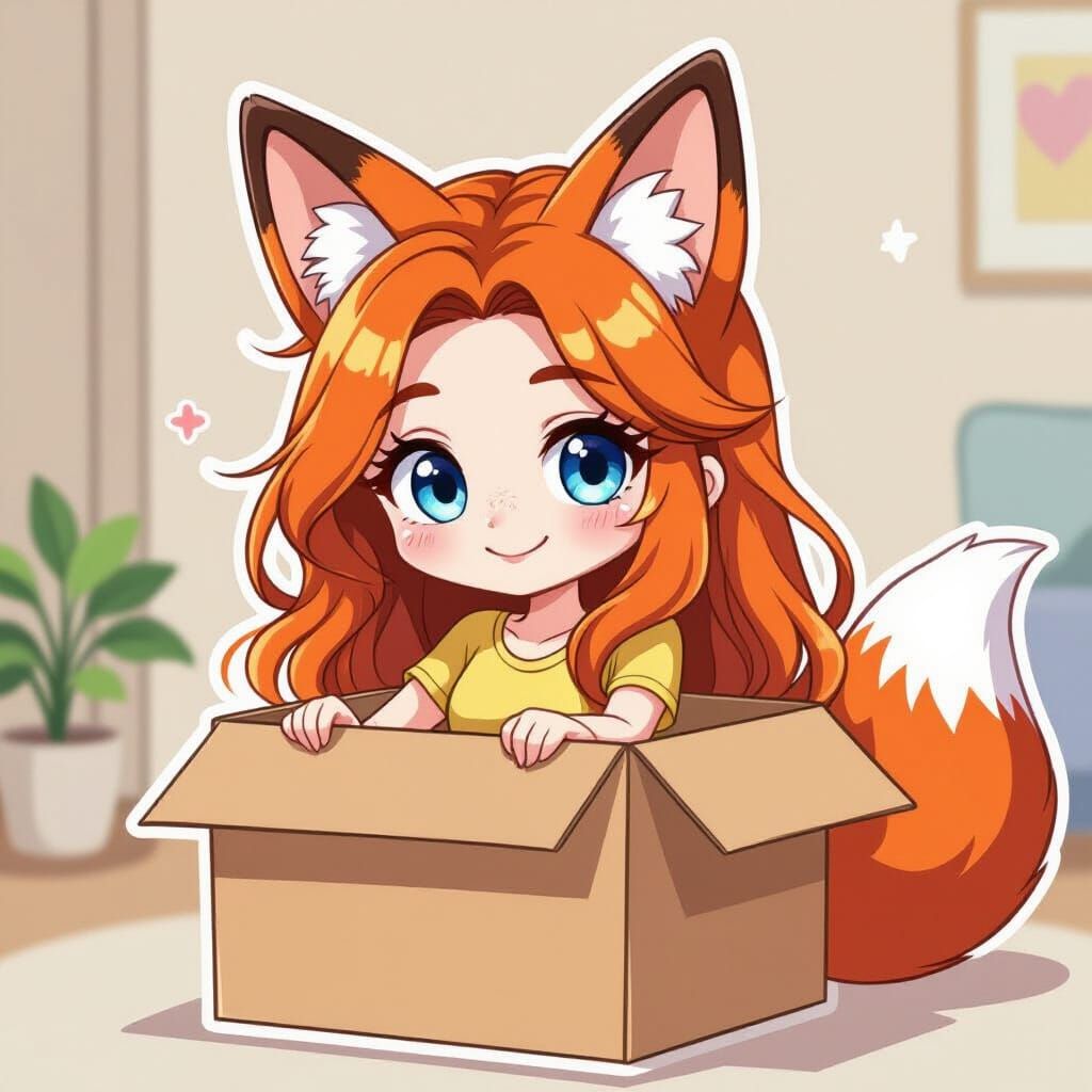 Chibi Fox Girl in Cardboard Box Sticker