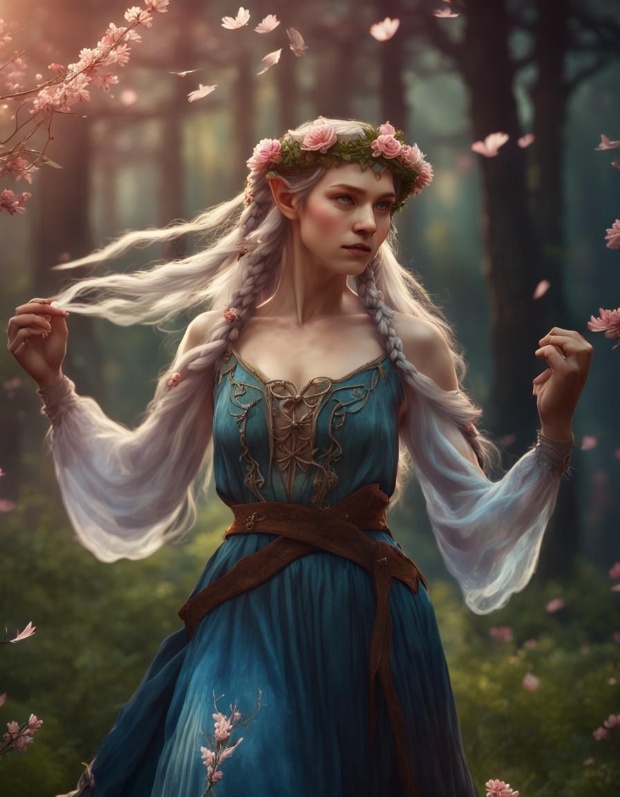 Elf Maiden Dancing in Forest Meadow