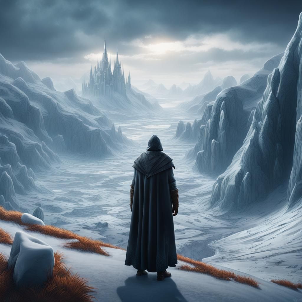 Cloaked Figure Gazing at Frozen Landscape