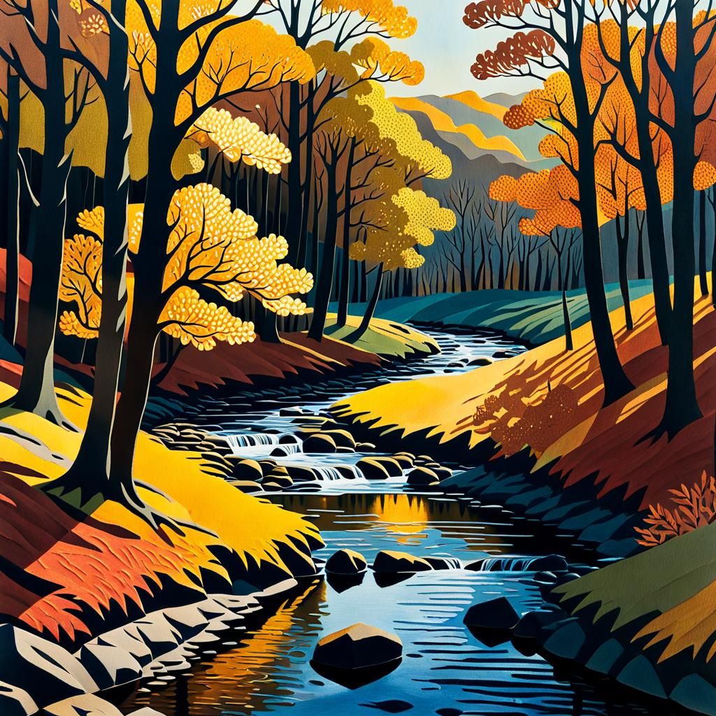 Autumn Trees Collage in Matisse-Ravilious Style