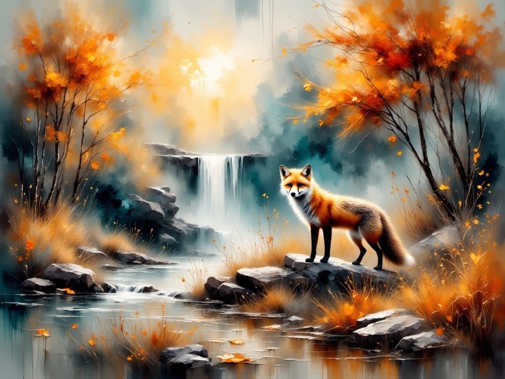 Autumn Fox Gazing in a Foggy Watercolor Impasto Landscape