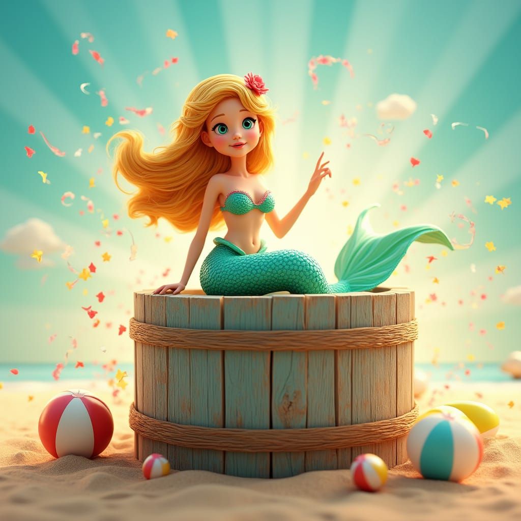 Vibrant Mermaid on a Whimsical Dunk Tank, in a Disney-Inspir...